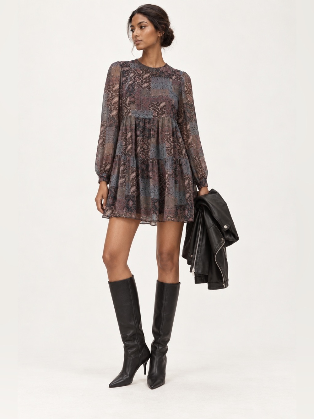 Frank And Oak Elderberry Paisley Patchwork Chiffon Boho Mini Dress XS